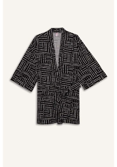 Defacto %100 Pamuk Regular Fıt Desenli Kuşaklı Kimono D0453AX24SM Siyah