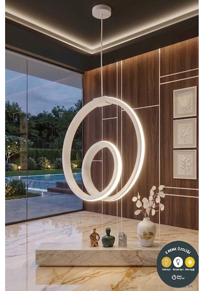 Orjin Beyaz Modern Çember Led Sarkıt Avize 3 Renkli Şık Antre & Hol Aydınlatma
