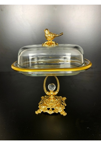 Elta Collection Kuş Figürlü Gold Metal Kristal Ayaklı Sunumluk Tereyağlık Peynirlik Kahvaltılık Gold