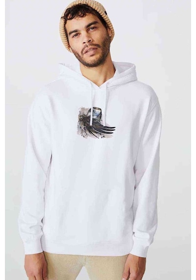 Owl Kuş Baskılı Beyaz Erkek Örme Kapşonlu Sweatshirt (531032037)