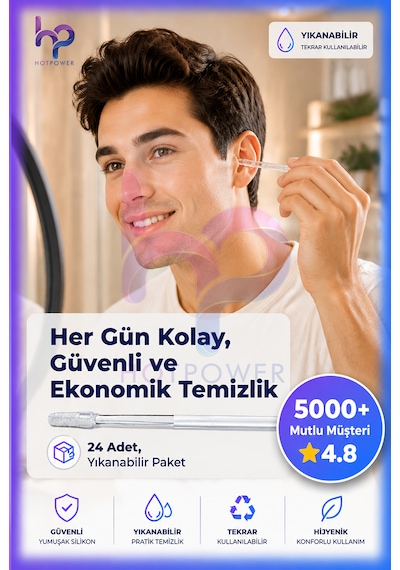 Hot Power Yapışkan Silikon Uçlu Yıkanabilir Kulak Temizleme Çubuğu 24'lü