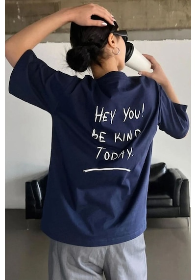 Flood Of Style Unisex Hey You Baskılı T-shirt Lacivert