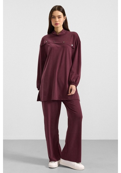 Olcay Metal Aksesuarlı Premium Kumaş Sweat Pantolon Takım Bordo 9404-tk
