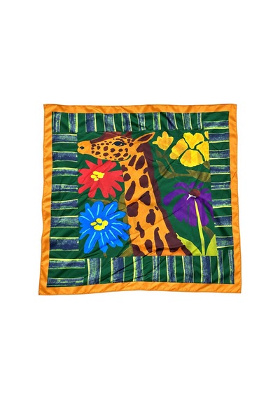 Inno 55x55 Cm Premium Saten Zürafa Desenli Sonbahar Renkleri Dikişli Fular Yeşil