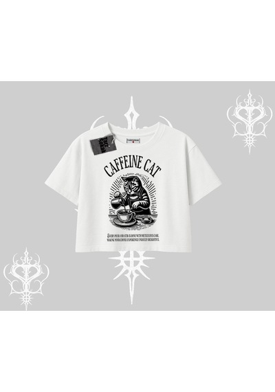 Startmore Startmore Oversize Crop Tshirt Caffeine Cat Kahve Temalı Kedi Baskılı Beyaz