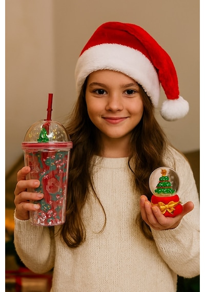 Trend Yeniyıl Yılbaşı 2'li Hediye Seti Noel Geyikli Pipetli Suluk Çam Ağacı Temalı Işıklı Kar Küresi Çok Renkli