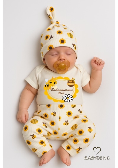 Babyden's Babaannesinin Balı Yazılı 3 Lü Bebek Takımı Kısa Kollu Çıtçıtlı Body, Arı Desenli Pantolon, Bere Ekru