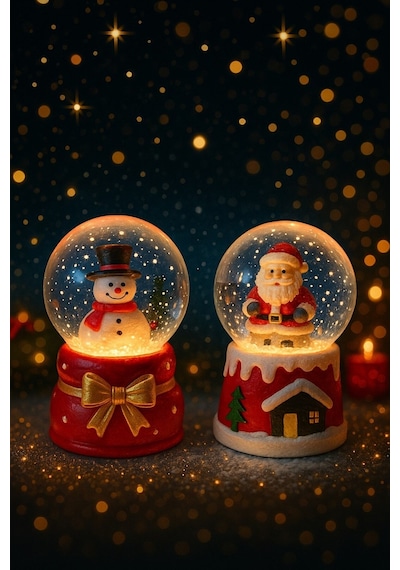 Yeni Yılın En Güzel Hediyesi Yılbaşı 2 Adet Led Işıklı 6,5 Cm Noel Baba Kardan Adam Kar Küresi Seti Dekoratif Obje