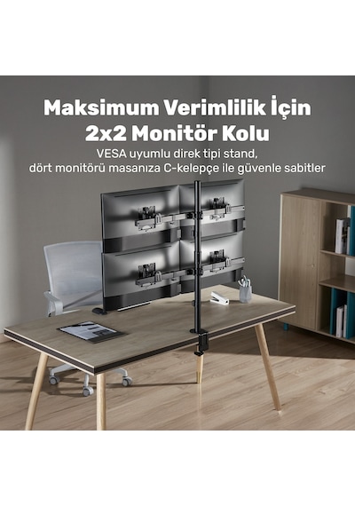 Npo Std5704b Basic 17"-32" Vesa Yükseklik/genişlik Ayarlı Kablo Yönetimli Dörtlü Monitör Tutucu