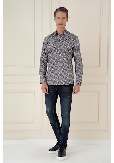 Efor Slim Fit Baskılı %100 Pamuk Spor Gri Gömlek G 1586 Gri