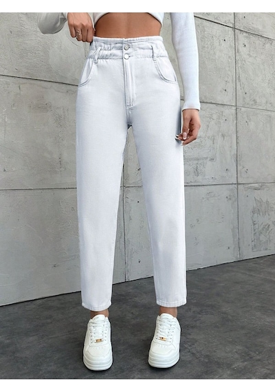 Kene Jeans Kadın Beyaz Kemer Büzgülü Lastikli Mom Jeans Pantolon Beyaz