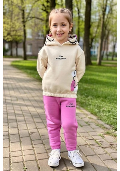 Riccotarz Kız Çocuk Pamuklu Kapüşonlu Üzeri Papatya Desenli Wonderful Yazılı Fuşya Eşofman Takım Fuşya