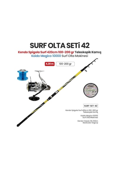 Kendo Spigola Surf 420cm 100-200 Gr Teleskopik Kamış + Kaido Magico 10000 Surf Olta Makinesi + Surf Olta Seti 42