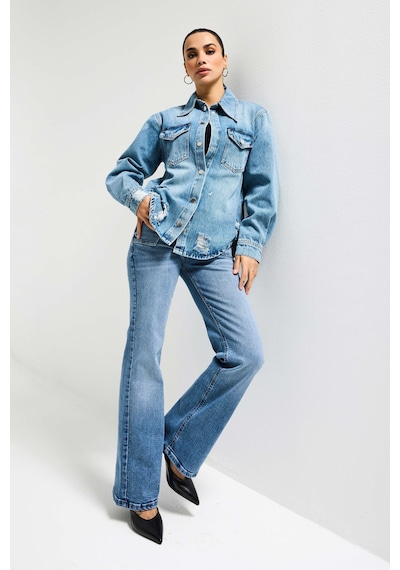 it's basic Kadın Mavi 12s6-4 Yırtık Detaylı Denim Gömlek