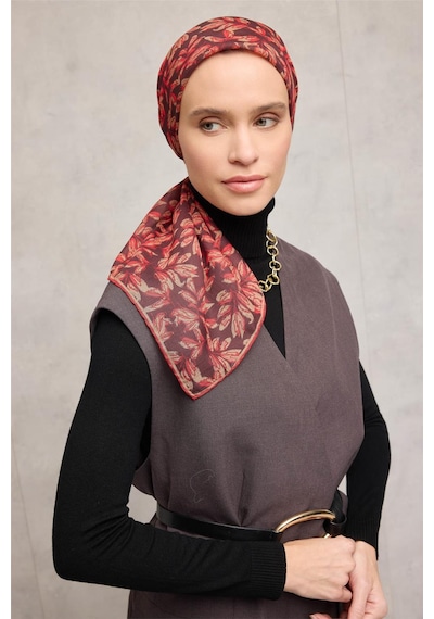 Silk Home Pamuk Polyester Soft Eşarp Kahverengi Çiçek Desenli Kaymaz Dokulu 90x90 Çok Renkli