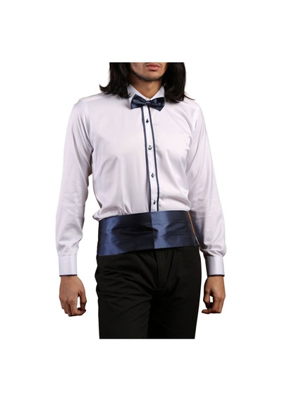 Dicotto Beyaz Lacivert Çift Bieli Damatlık Ata Yaka Kol Düğmeli Slim Fit Smokin Gömlek - 011 001