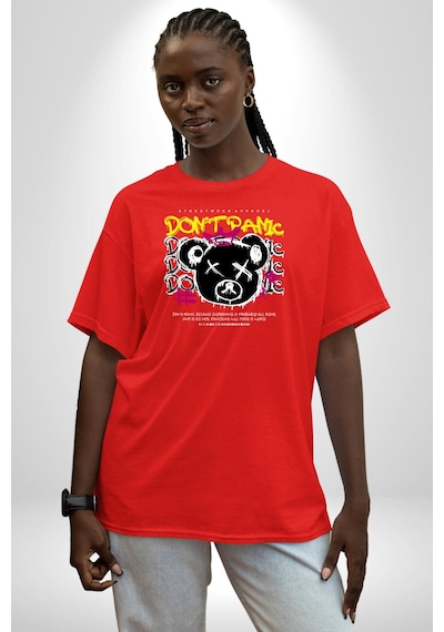Panik Yok Teddy Pamuklu Bisiklet Yaka Unisex Oversize Boyfriend Dijital Baskılı Kırmızı T-shirt Kırmızı