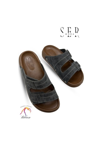 Sermoda Erkek Terlik - Çift Toka Ayarlanabilir Esnek Taban Deri Erkek Terlik C Füme
