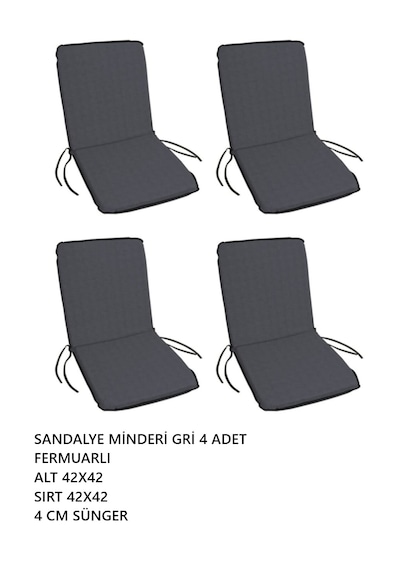 Sandalye Minderi Yıkanabilir Fermuarlı Lastikli 4'lü Gri 4 Cm Sünger Alt 42x42 Sırt 42x42 Gri