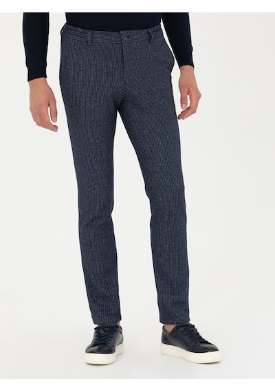 Cacharel Lacivert Ex. Slim Fit Yün Kaşmir Karışımlı Beli Bağcıklı Çizgili Kumaş Pantolon