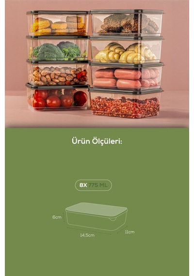 Vienev 8'li 775 Ml Buzdolabı Düzenleyici Organizer Mikrodalgaya Uygun Difriz Saklama Kabı Gri Gri