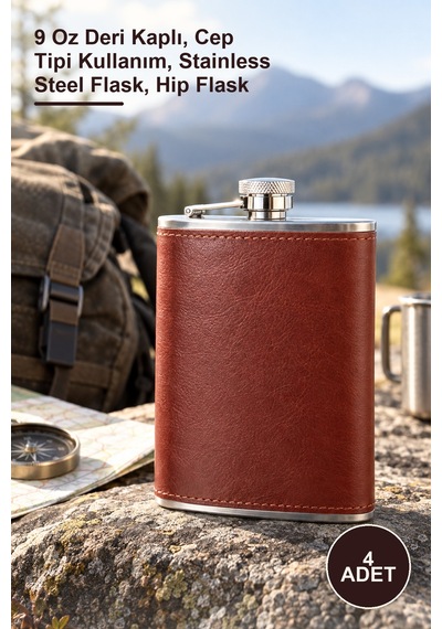 4 Adet Paslanmaz Çelik Matara 9 Oz Deri Kaplı, Cep Tipi Kullanım, Stainless Steel Flask, Hip Flask