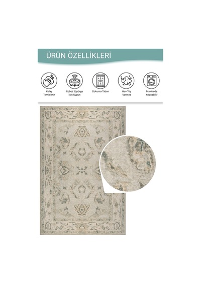 Artloop Relic Yeşil Vintage Dokulu Klasik Desenli Dokuma Tabanlı Şönil Halı Al 517 Açık Yeşil - Gri