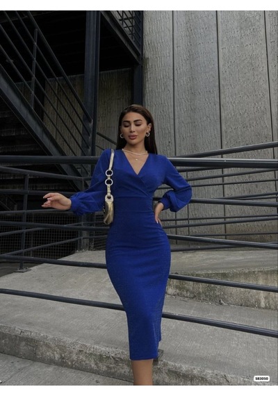 Butik İstanbul Kadın Kruvaze Yaka Balon Kol Simli Krep Kumaş Midi Boy Elbise Saks