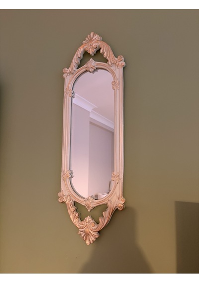 Kısa Oval Dekoratif Duvar Aynası Krem & Eskitme Altın Yaldızlı 60x20 Cm Naturel