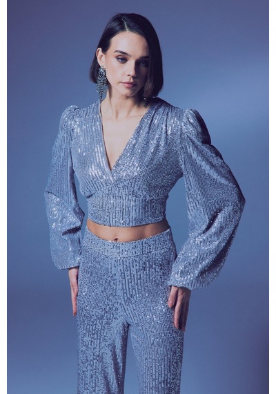 Sateen Kruvaze Payetli Crop Bluz - Gümüş