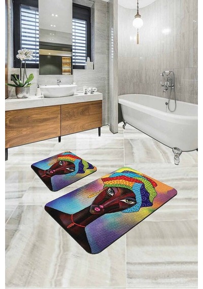 Renkli Etnik Desen Banyo Halısı Klozet Paspas Seti Bs202n11 Çok Renkli