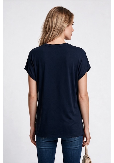Daido Daıdo Kadın V Yaka Rahat Kesim Dokulu Kumaş İşlemeli Kısa Kollu T-shirt Siyah