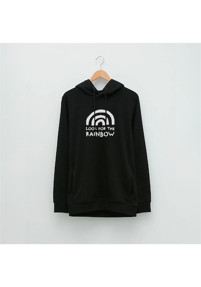 Gökkuşağı Temalı Özel Tasarım Baskılı Kapüşonlu Sweatshirt Siyah