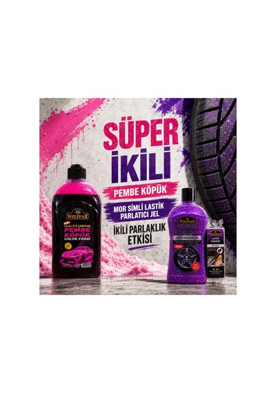 Süper İkili Pembe Köpük Oto Şampuanı + Mor Simli Lastik Parlatıcı Jel Ve Lastik Süngeri Seti