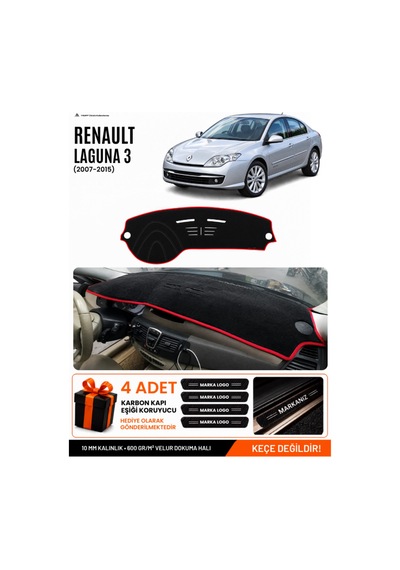 Renault Laguna 3 2007-2015 Uyumlu Torpido Örtüsü, Torpido Kılıfı - Siyah Kırmızı