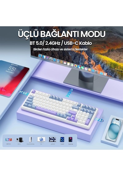 Aula F99 3 Modlu Rgb Hot Swap Mekanik Reaper Switch Kablosuz Makrolu Klavye Mavi