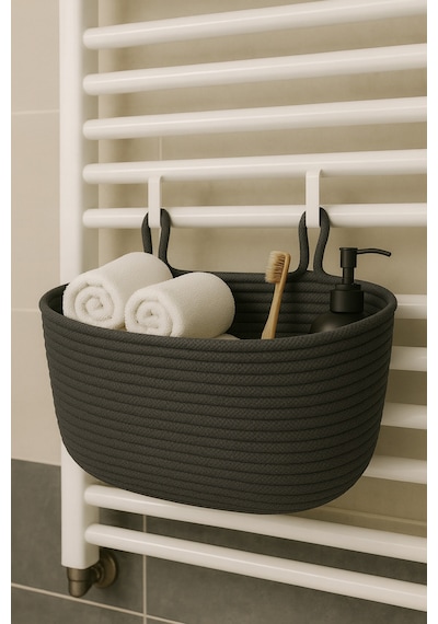 Mavaux Dekoratif Askılı Banyo Sepeti 18 40 16 Cm Saklama Ve Düzenleyici Hasır Jüt Sepet Organizer El İşi Antrasit