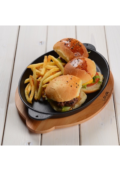 Lava Döküm Oval Fajita Tavası. Kulplu ve Ahşap Altlıklı