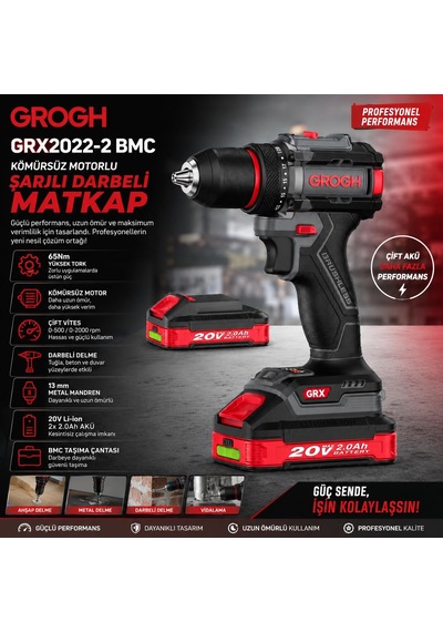 Grogh Grx2022-2 Bmc Kömürsüz Motorlu Şarjlı Darbeli Matkap 20v 2x2ah Çift Akülü 65nm Profesyonel Vidalama Ve Delme Seti