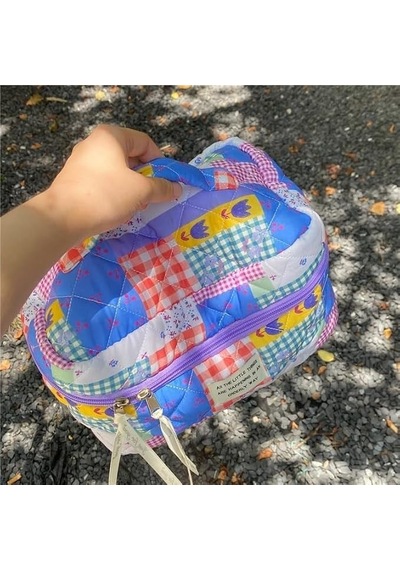 Kapitone Patchwork Desenli Büyük Boy Makyaj Ve Kozmetik Çantası / Seyahat Tipi Organizer - 25x16x16 Cm