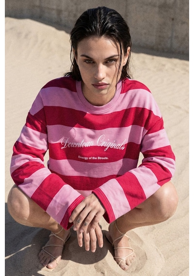Hiccup %100 Pamuk Oversize Çizgili Sweatshirt Kırmızı