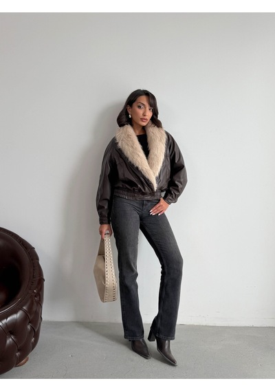 Verymoda Yakası Kürklü Kruvaze Deri Mont F2050 Kahve