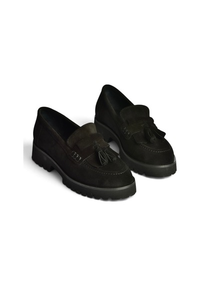 Fox Shoes Z944014461 Siyah Süet Kalın Tabanlı Püsküllü Loafer Ayakkabı