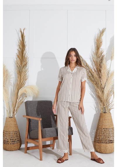 Sevim Kadın Kısa Kol Gömlek Yaka Önden Düğmeli Bej Pijama Takım C9t2n551 001