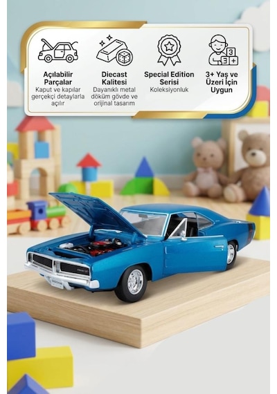 Maisto Lisanslı Metal Dodge Charger R/t 1969 1:25 Kapısı Ve Kaputu Açılabilir Oyuncak Model Araba Mavi