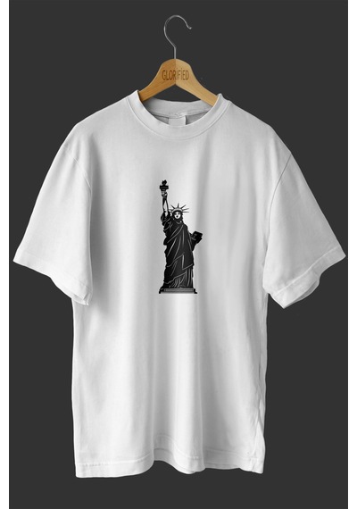Noıssey -wed Özgürlük Heykeli 2 Tasarım Baskılı Oversize T-shirt Tişört Beyaz