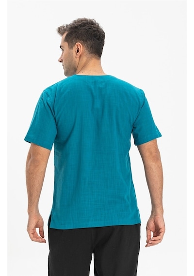 Kısa Kol Şile Bezi Bisiklet Yaka Erkek Tshirt Petrol 3053