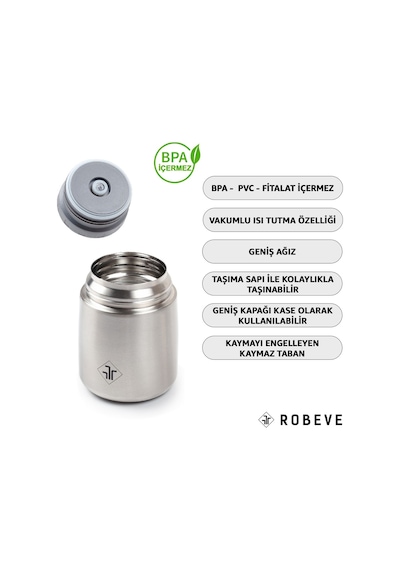 Robeve 450ml Bebek Mama Saklama Termosu Vakumlu Çift Taraflı Termos Gri