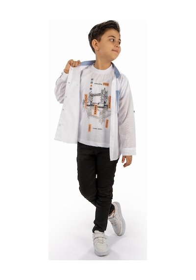 Mnk Baby & Kids Çift Cepli Gömlek , Pantolon , T-shirt 3parça Pamuklu Erkek Çocuk Takım Mnk965 Beyaz