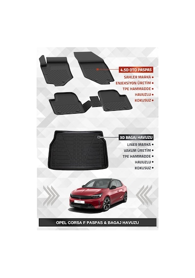 Sahler Opel Corsa F 2020+ Uyumlu 4.5d Premium Havuzlu Oto Paspas Ve Liner Marka 3d Bagaj Havuzu
